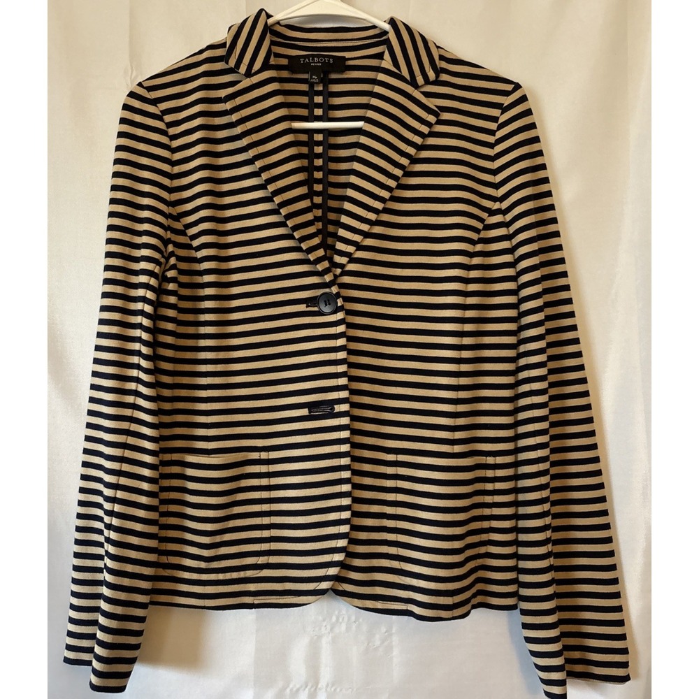 Talbots Navy & Tan stripped blazer P/M stretchy preppy Career‎ nautical NWOT
